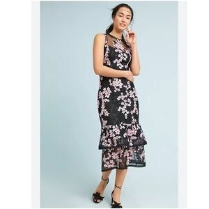 Anthropologie Shoshanna Midnight Dress Dominick Midi Lace Ruffle Black Floral